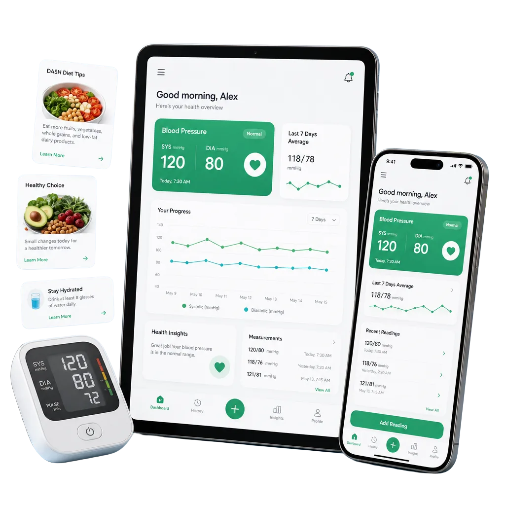 Radar da Pressão em tablet e celular, com telas de medição, gráficos e relatório médico
